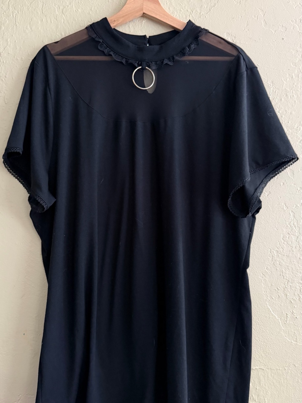 Hot Topic Black Short Sleeve Top with Mesh Yoke and Ring Accent